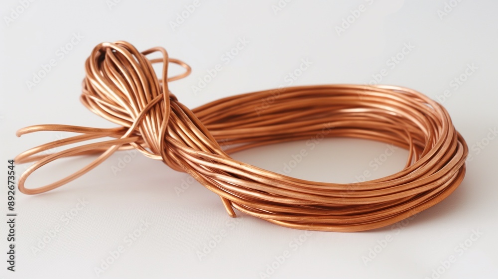 A straight length of 16-gauge copper wire neatly coiled on a flat white background, ideal for electronics and DIY projects. A straight length of 16-gauge copper wire neatly coiled on a flat white background, ideal for electronics and DIY projects.