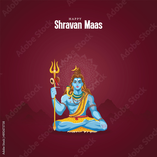 Shravan Month, And, Happy, Maha Shivratri, Poster, Happy Shravan Maas illustration featuring Lord Shiva in meditative pose with trident on a maroon background, Maha Shivratri Poster,