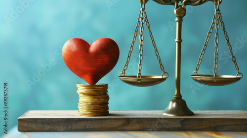 A scale with a heart and money, work life balance concept photo