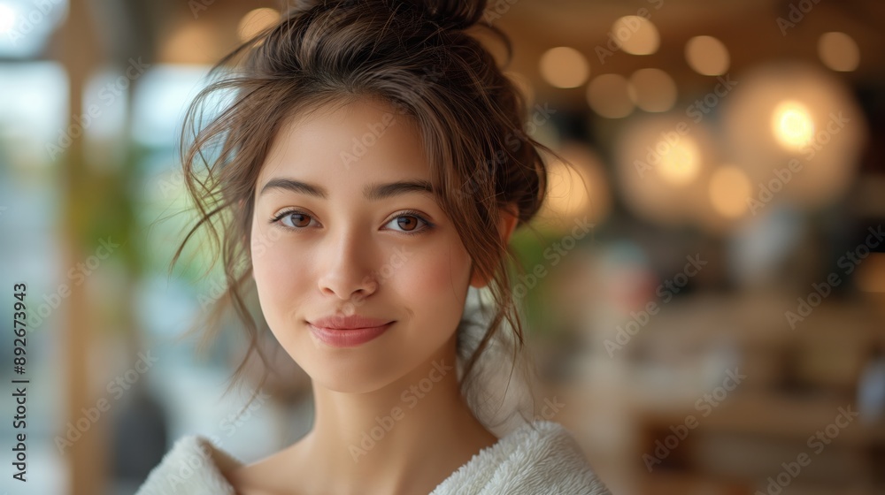 Fototapeta premium Relaxed Woman with Messy Bun in Cozy Setting