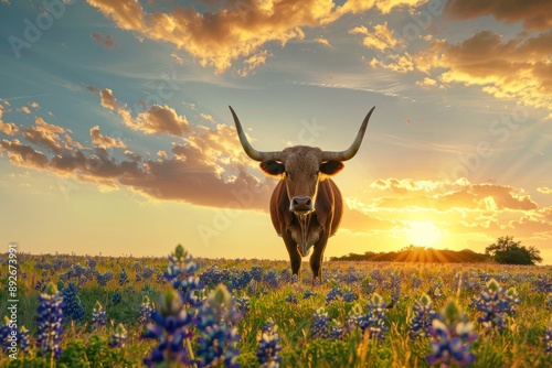 A large brown bull stands in a field of bluebonnets