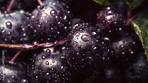 A close-up shot of a juicy elderberry with droplets of water glistening on its skin, showcasing its fresh and juicy texture, set against a dark, textured background to enhance the vibrant color of