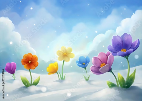 Colorful Flowers Blooming Snowy Landscape Spring Vivid Nature Beauty photo