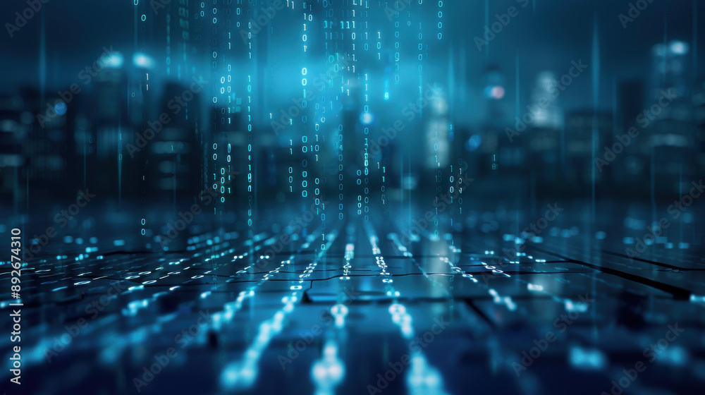 Fototapeta premium Futuristic digital cityscape with abstract binary code and lights representing technology, data, and connectivity in a modern urban environment.