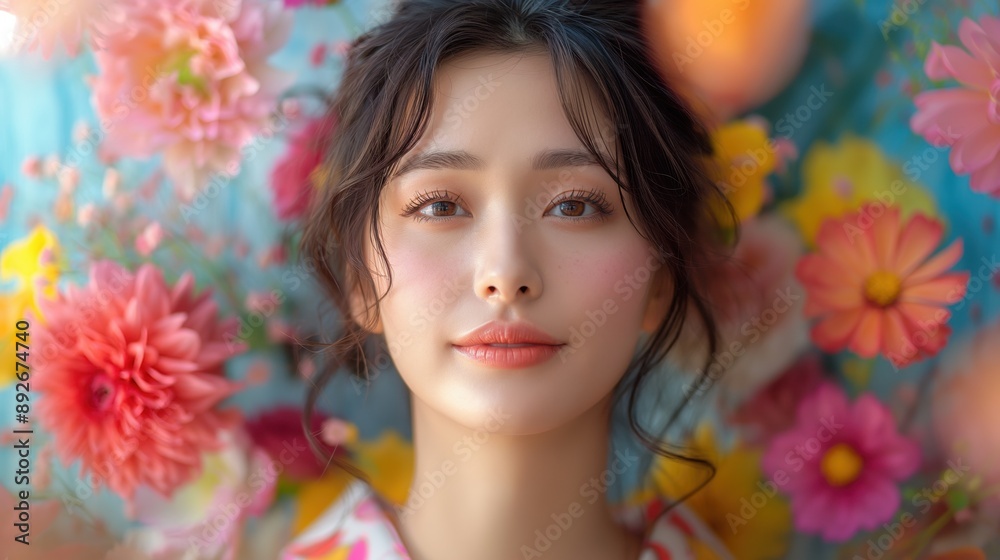 Woman in Floral Kimono with Flowers Woman in Floral Kimono with Flowers