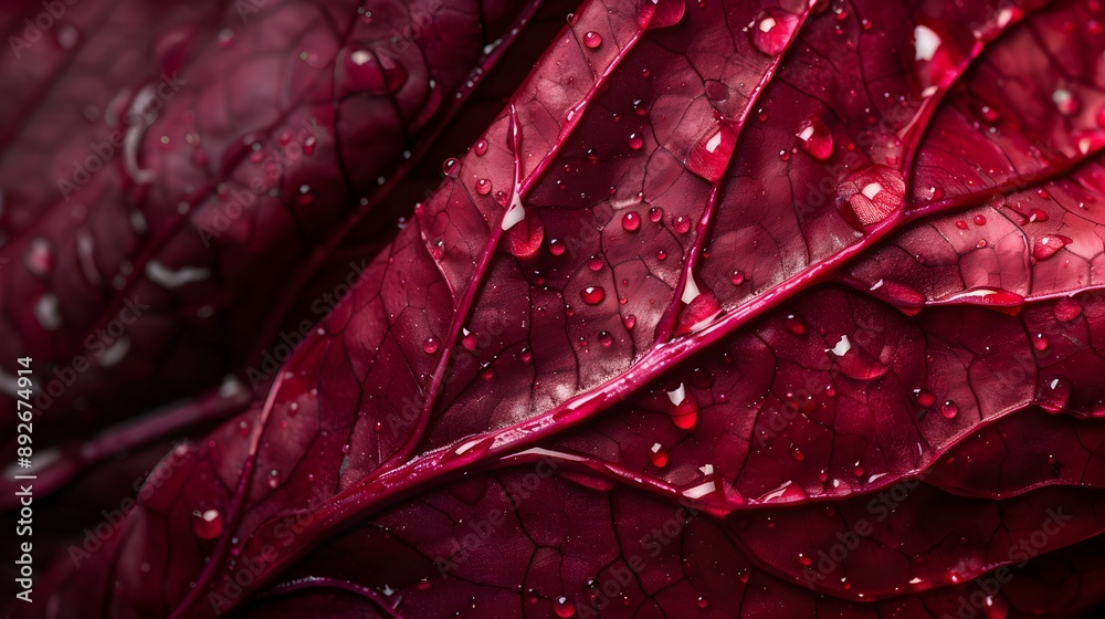 Fototapeta premium Closeup of a Red Leaf with Dew Drops