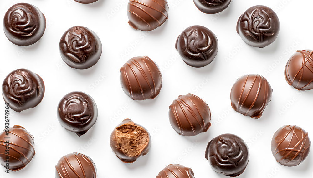 Tasty sweet chocolate candies isolated on white, top view Tasty sweet chocolate candies isolated on white, top view
