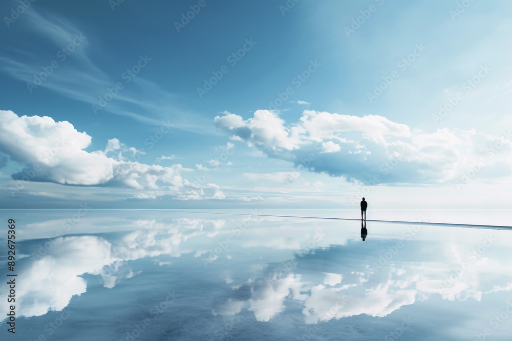 Fototapeta premium A person stands in front of a large body of water and reflection of the sky