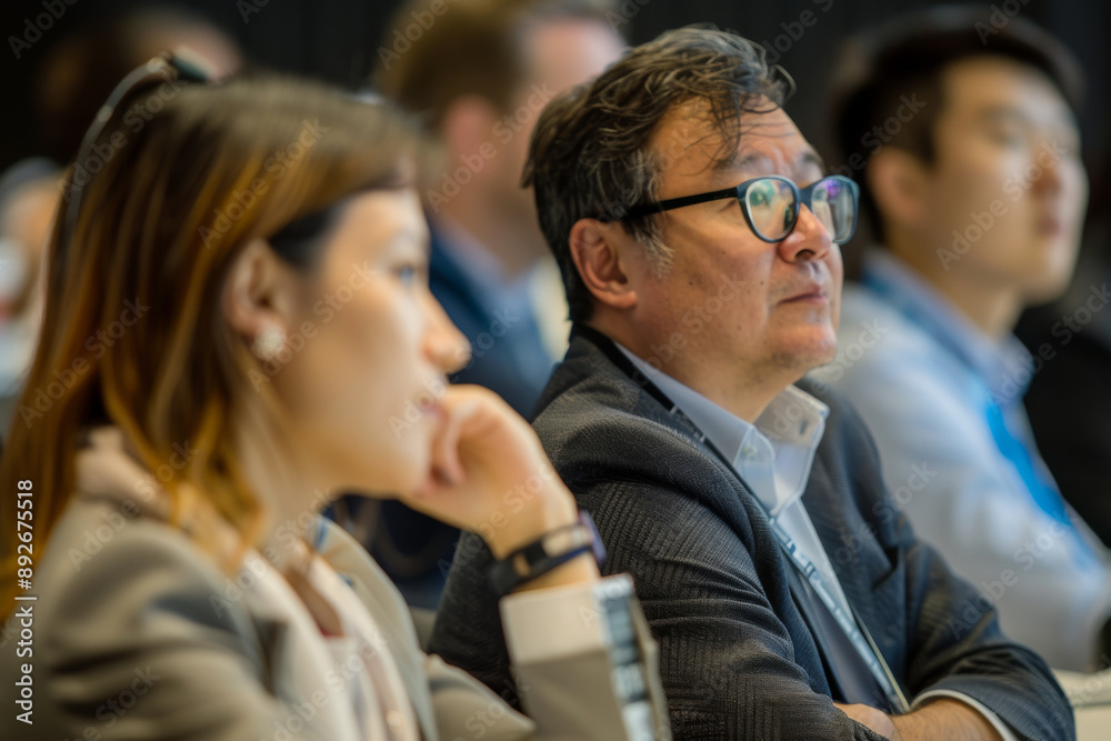 A man with glasses is sitting in a business model workshop with other people A man with glasses is sitting in a business model workshop with other people