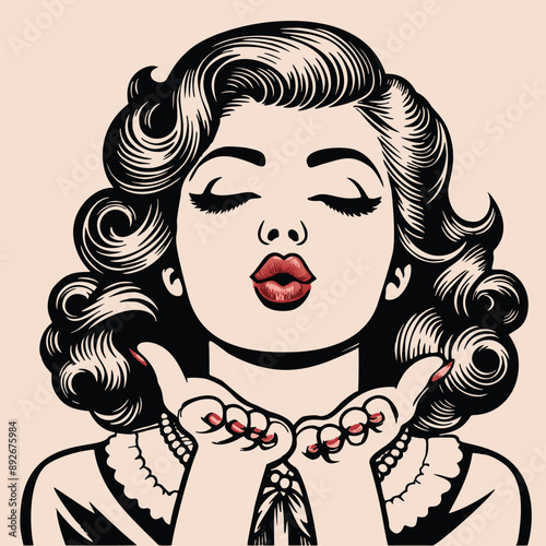 Retro Girl Blowing a Kiss. Vintage engraving style vector illustration.