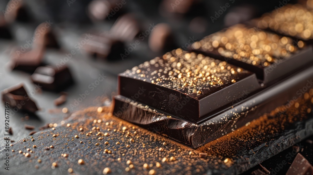 sleek, dark chocolate cake with minimalist gold dusting, set against a backdrop of a rich, intimate chocolate tasting event