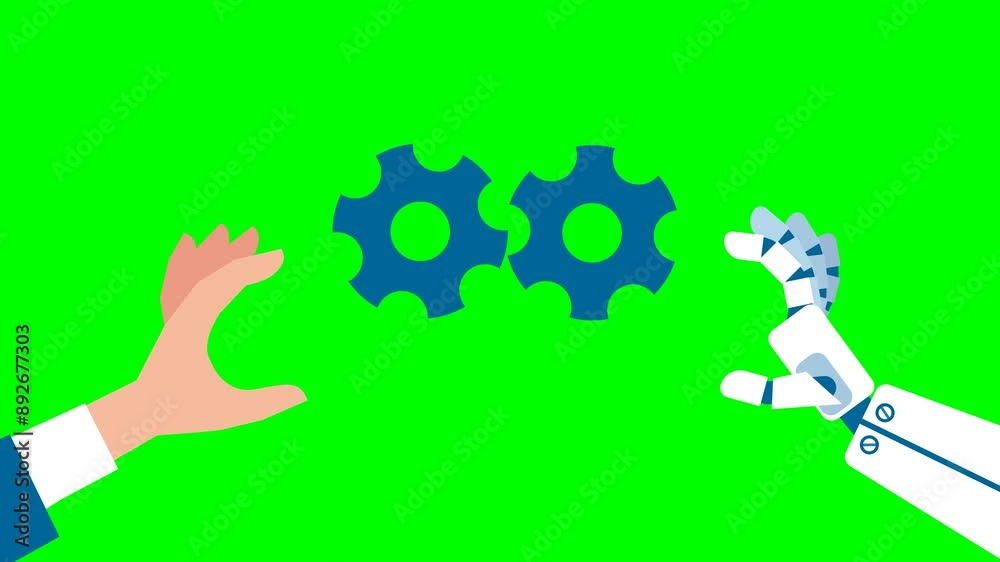 Human hand and robot hand assemble parts of mechanism. Gears. Industry development, engine work, business solution. Artificial intelligence, humans working together. 2d flat animation. Alpha channel Human hand and robot hand assemble parts of mechanism. Gears. Industry development, engine work, business solution. Artificial intelligence, humans working together. 2d flat animation. Alpha channel