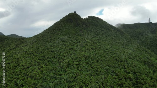Mystical Aerial View of an Ancient Tower in El Yunque National Forest, Puerto Rico