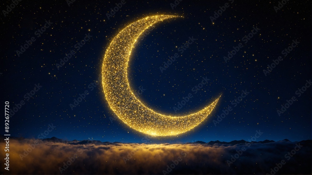 A golden crescent moon illuminating a starry night sky above a mountainous landscape. The moon's shimmering surface is composed of tiny golden particles, Scattered stars twinkle in the background. A golden crescent moon illuminating a starry night sky above a mountainous landscape. The moon's shimmering surface is composed of tiny golden particles, Scattered stars twinkle in the background.