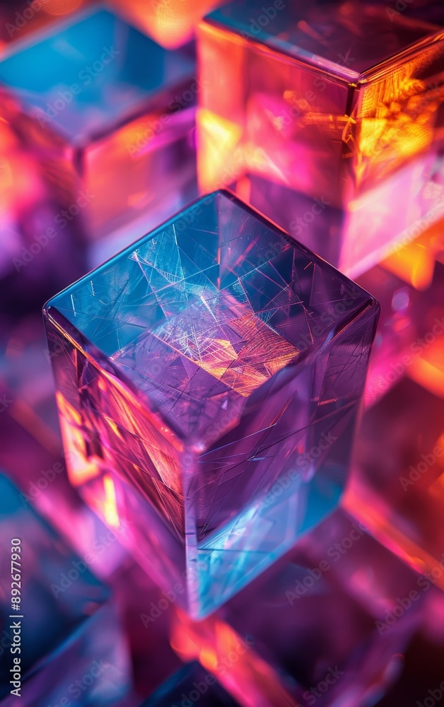 Abstract colorful glass cube with neon light reflections Abstract colorful glass cube with neon light reflections