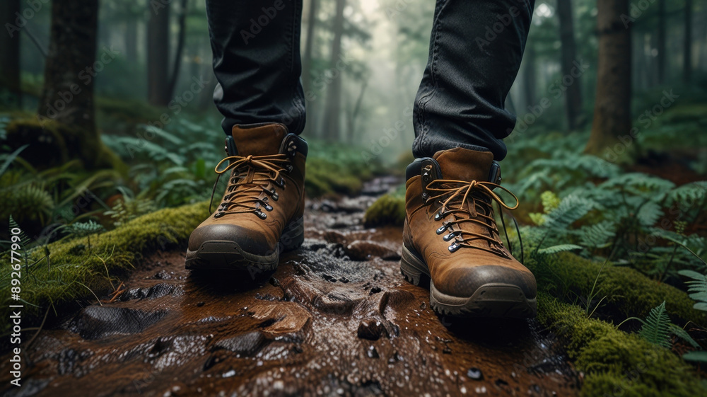 Close up of hiking boots navigating a rocky forest path Close up of hiking boots navigating a rocky forest path