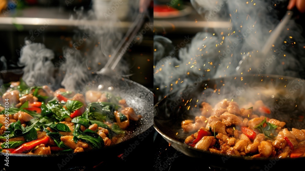 Making Stir-Fried Basil Chicken: Chicken and basil being stir-fried with chilies in a hot pan.fdc523 Making Stir-Fried Basil Chicken: Chicken and basil being stir-fried with chilies in a hot pan.fdc523