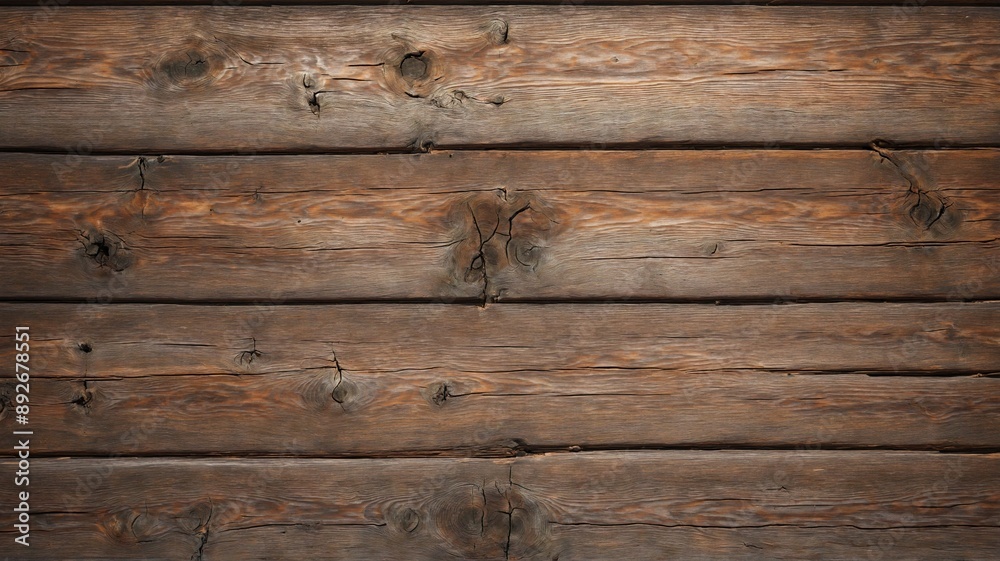 Fototapeta premium A rich, warm brown wooden surface. The visible grain and horizontal plank pattern create a detailed and textured backdrop perfect for design projects needing a rustic, natural feel. Ideal for website.