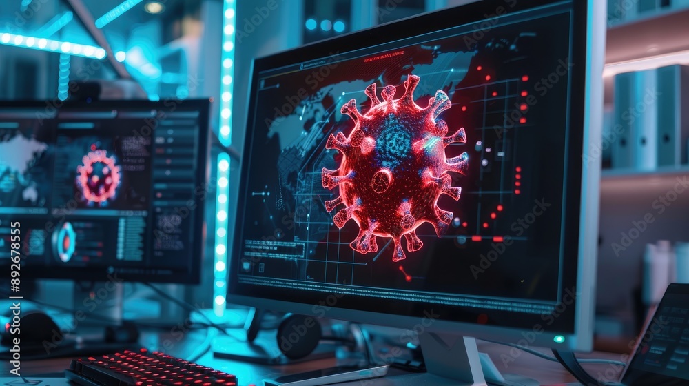 Virus alert displayed on a computer, showcasing the necessity of addressing potential cybersecurity risks immediately. Virus alert displayed on a computer, showcasing the necessity of addressing potential cybersecurity risks immediately.