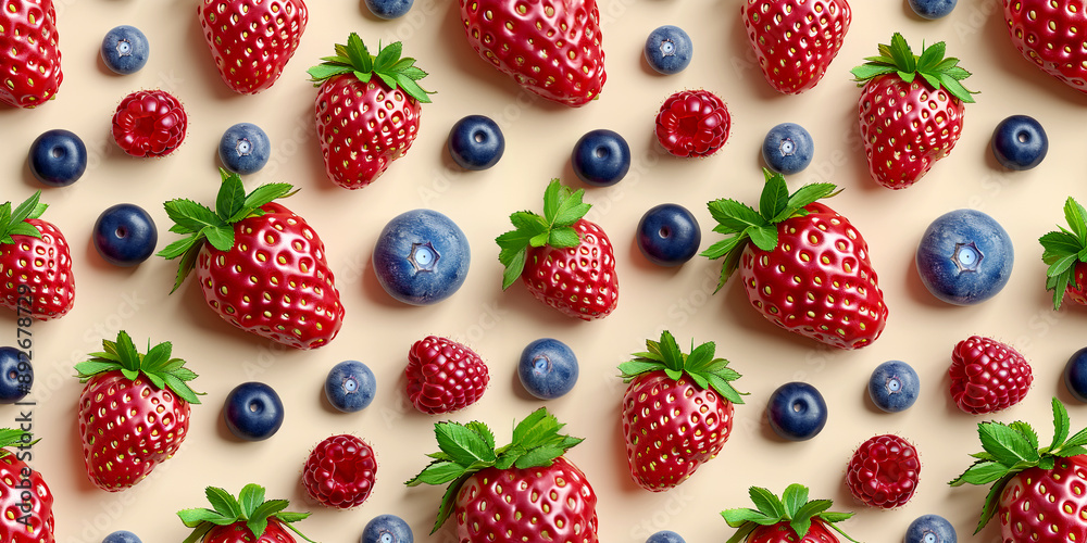 Fresh strawberries, blueberries, and raspberries arranged on a beige background Fresh strawberries, blueberries, and raspberries arranged on a beige background