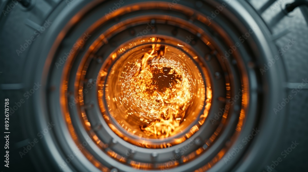 A close-up of a coal power plants boiler, with flames and sparks visible inside, high-resolution photo, realistic photo, cinematography, hyper realistic A close-up of a coal power plants boiler, with flames and sparks visible inside, high-resolution photo, realistic photo, cinematography, hyper realistic