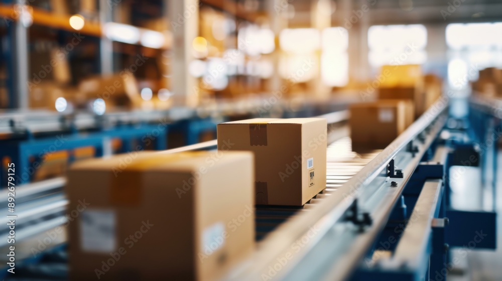 Brown Cardboard Boxes On Conveyor Belt In Warehouse - E-commerce Logistics & Shipping Concept Brown Cardboard Boxes On Conveyor Belt In Warehouse - E-commerce Logistics & Shipping Concept