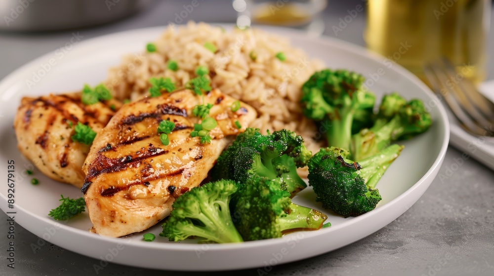 A close-up of a plate of grilled chicken with steamed broccoli and brown rice, in a modern kitchen, high-resolution photo, realistic photo, cinematography, hyper realistic A close-up of a plate of grilled chicken with steamed broccoli and brown rice, in a modern kitchen, high-resolution photo, realistic photo, cinematography, hyper realistic
