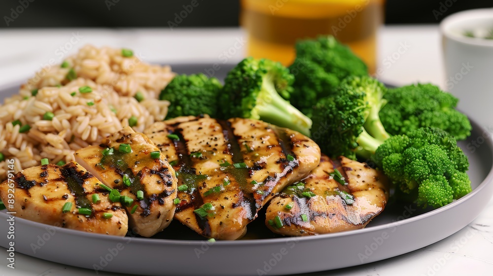 A close-up of a plate of grilled chicken with steamed broccoli and brown rice, in a modern kitchen, high-resolution photo, realistic photo, cinematography, hyper realistic A close-up of a plate of grilled chicken with steamed broccoli and brown rice, in a modern kitchen, high-resolution photo, realistic photo, cinematography, hyper realistic