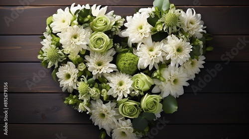 White and green flower arrangement in heart shape