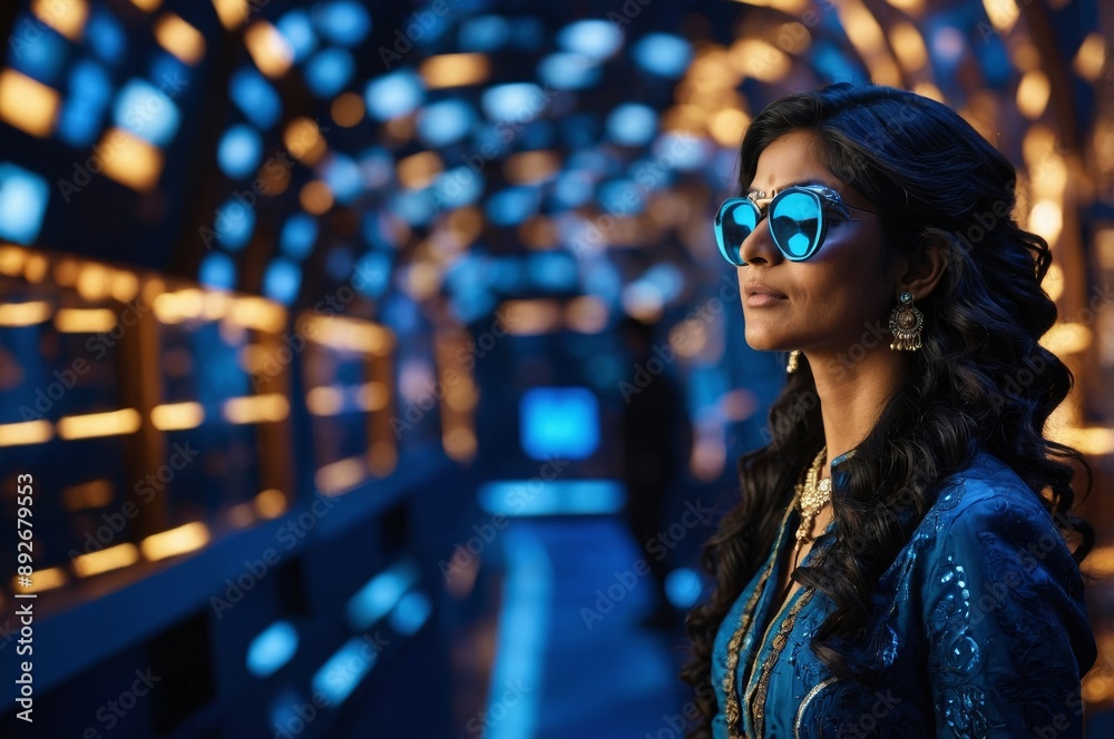 Woman with long dark hair in blue attire and sunglasses in colorful futuristic setting Woman with long dark hair in blue attire and sunglasses in colorful futuristic setting