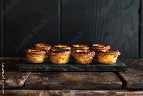 A tray of pastries sits on a wooden table