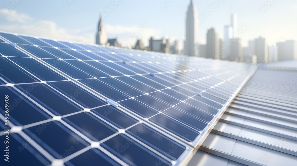 Obraz premium A close-up of solar panels on a rooftop, with the city skyline in the background, high-resolution photo, realistic photo, cinematography, hyper realistic