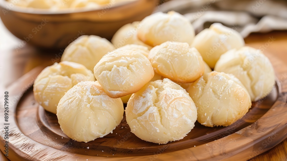 A close-up of a pile of freshly baked p�o de queijo, a popular Brazilian cheese bread. A close-up of a pile of freshly baked p�o de queijo, a popular Brazilian cheese bread.