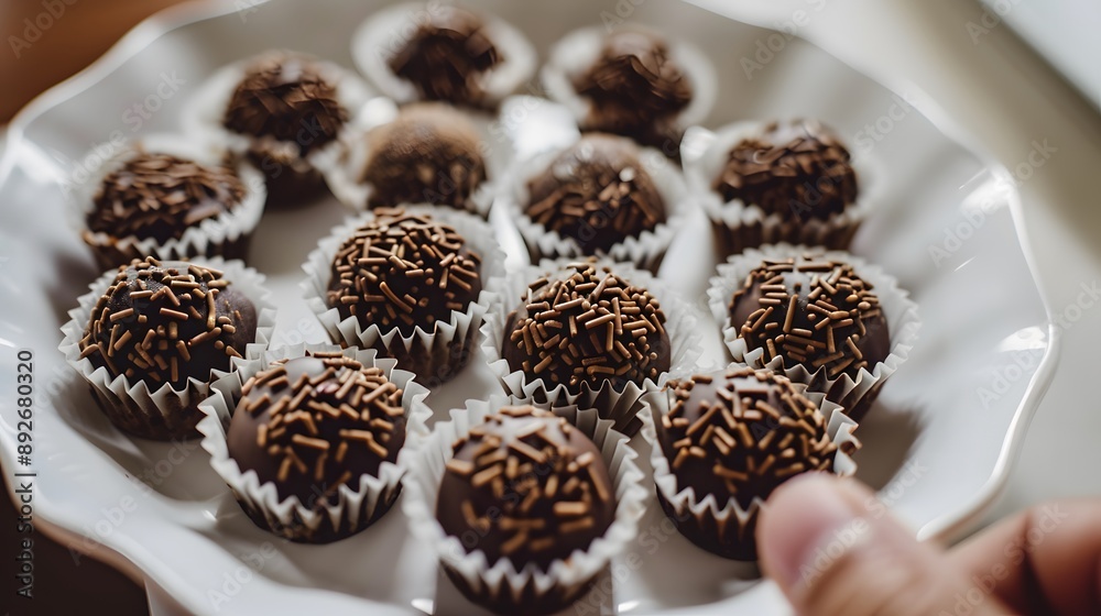 Close up of a hand reaching for a plate of chocolate truffles. Close up of a hand reaching for a plate of chocolate truffles.