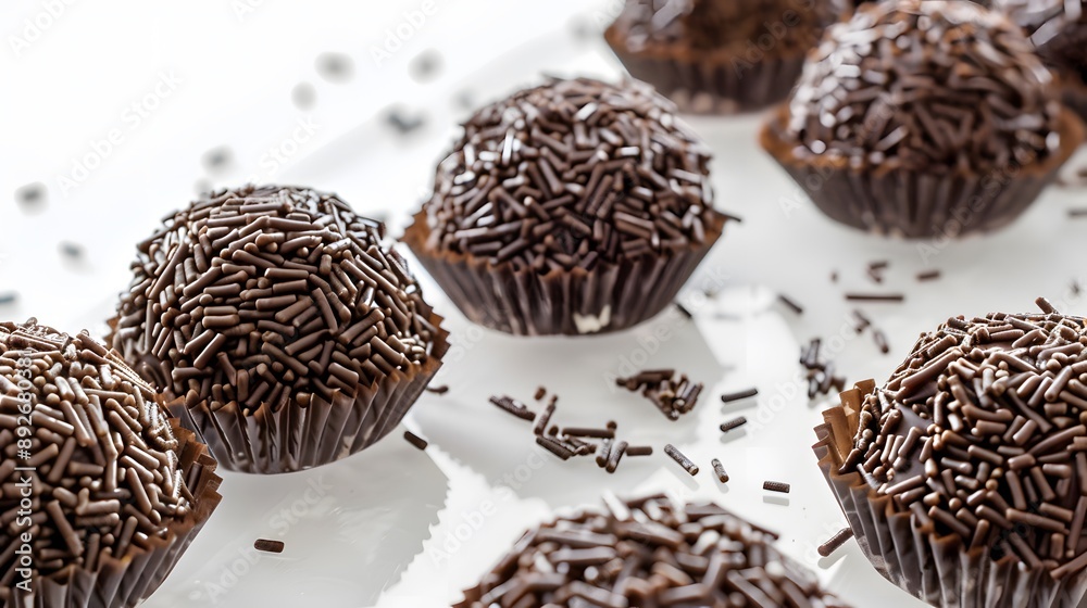 Close-up of chocolate brigadeiros sprinkled with chocolate sprinkles. Close-up of chocolate brigadeiros sprinkled with chocolate sprinkles.