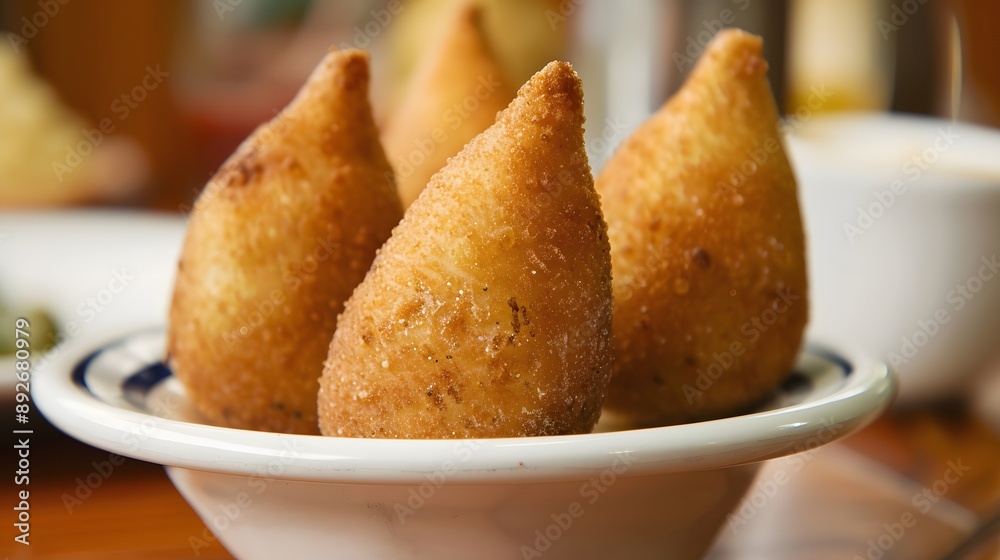 Close-up of crispy, golden brown coxinha in a white bowl. Close-up of crispy, golden brown coxinha in a white bowl.
