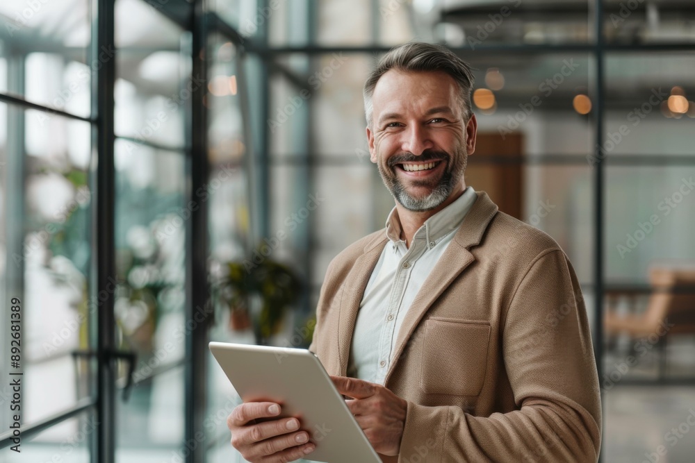 Smiling Middle-Aged Man Using Tablet in Modern Office - Business Technology Success Concept Smiling Middle-Aged Man Using Tablet in Modern Office - Business Technology Success Concept