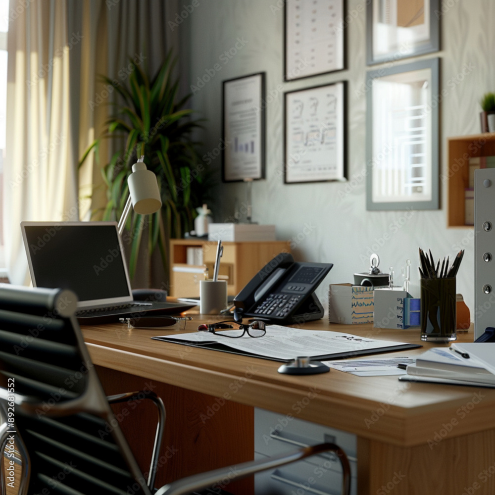 modern doctors desk in an office, papers on the desk 