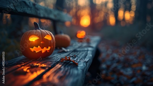 Halloween pumpkins laying on bench in forest park wallpaper background