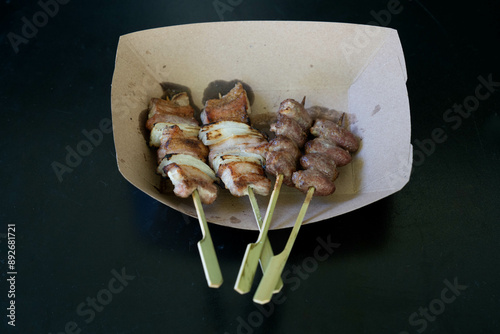 Grilled Pork Belly and Scallion Skewers (Ton Negima) and chicken heart skewers 