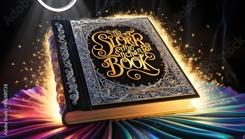 old books, Magic-Enhancing Bewitched Book Glows in the Darkness, Mystery open book with shining light. Fantasy book with magic light and stars on a table with violet background and copy space