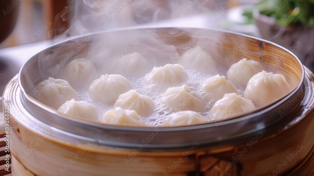 Steaming Thai Dumplings: Thai dumplings being steamed in a bamboo steamer. Steaming Thai Dumplings: Thai dumplings being steamed in a bamboo steamer.