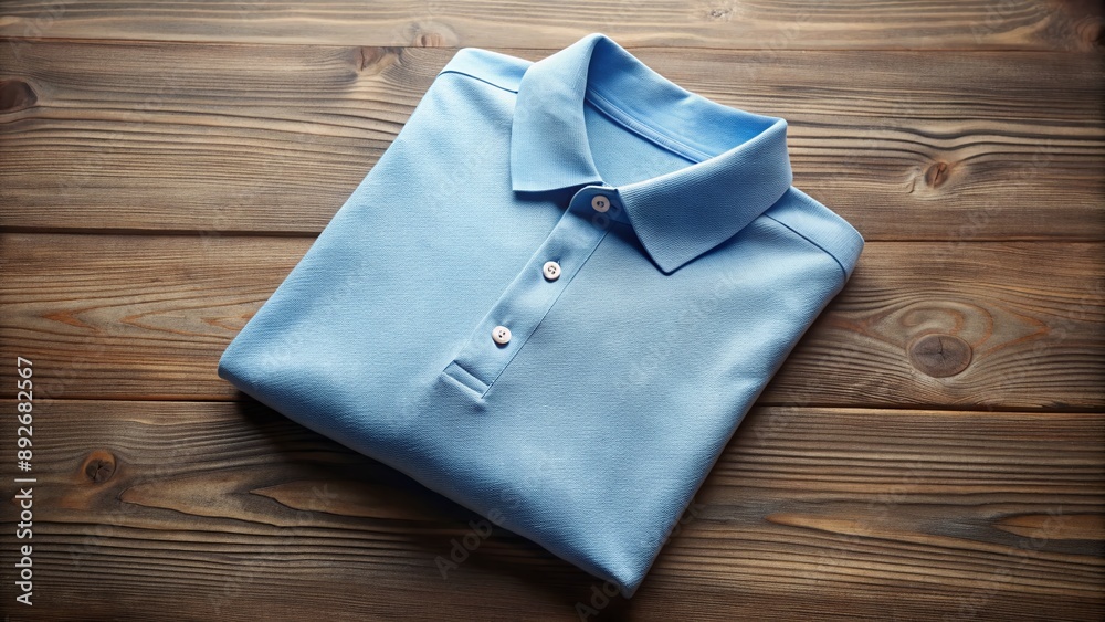 Folded light blue polo shirt lies on wooden background, softly illuminated, highlighting fabric texture, button details, and crisp folds in a clean, minimalist arrangement.