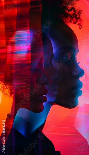 abstract backgrounds, forms, close up, focus on, vivid shades, Double exposure silhouette with forms photo