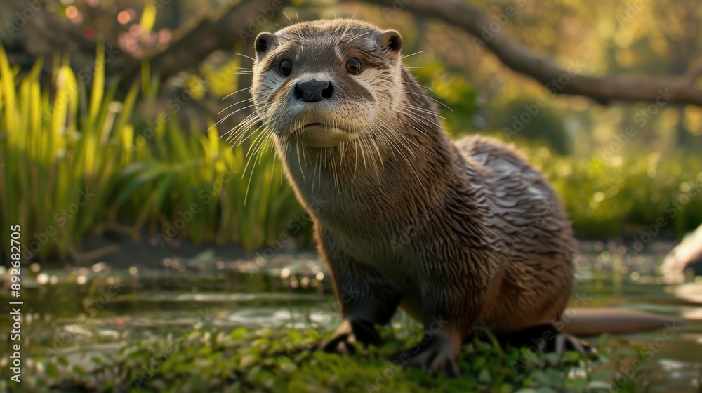 Sea otter in the water against the background of rocks and nature Sea otter in the water against the background of rocks and nature