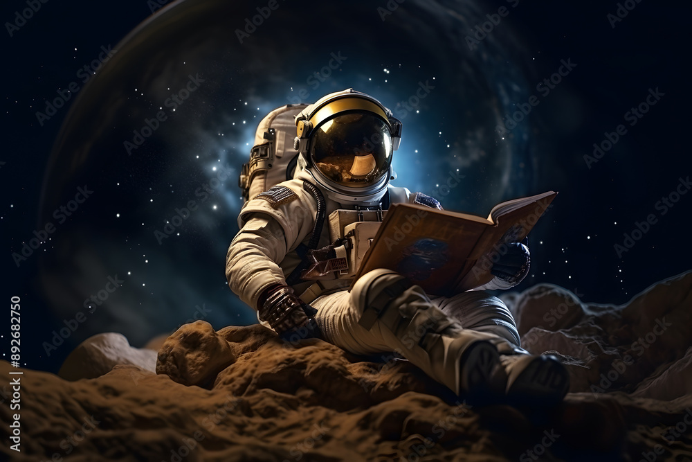 Spaceman or astronaut reading book. Spaceman or astronaut reading book.