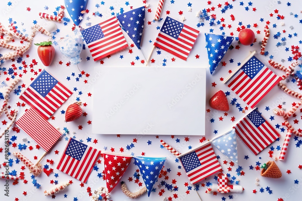 Obraz premium Vibrant patriotic banner mockup featuring colorful confetti, American flags, and festive decorations isolated on a white background, perfect for happy Veterans Day celebrations.