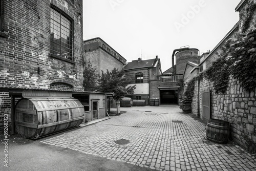 An old black-and-white photograph of a historic distillery, blending the past with the present in a modern setting