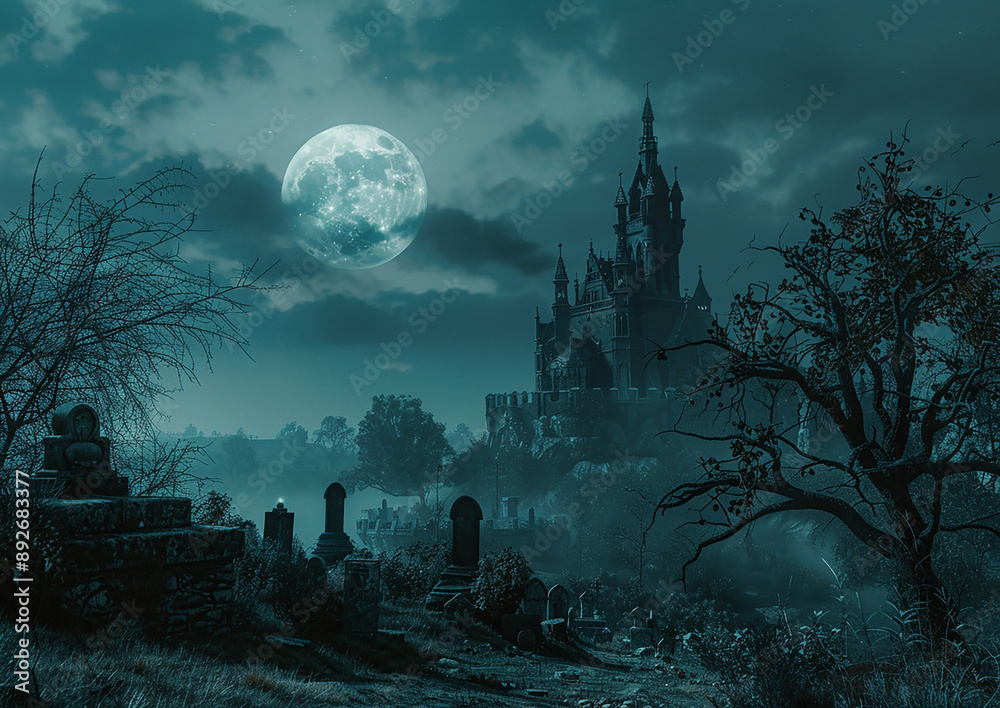 Naklejka premium Halloween night scene featuring a vintage castle against a full moon, with an eerie cemetery in the foreground