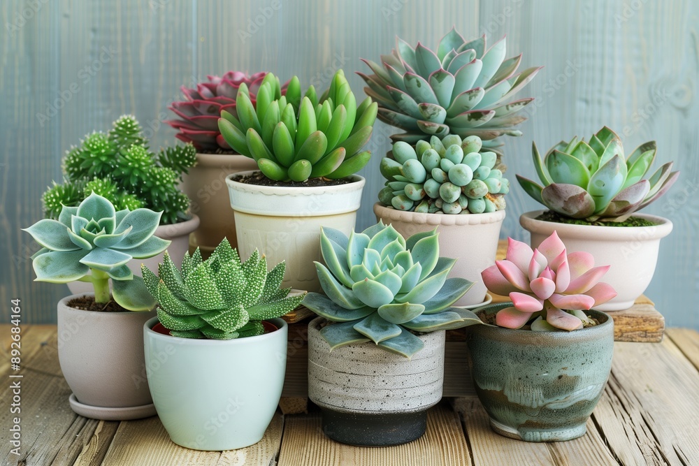 Fototapeta premium Collection of succulents in stylish pots on wooden tabletop